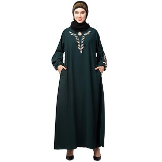 Embroidery abaya with balloon sleeves- Bottle Green